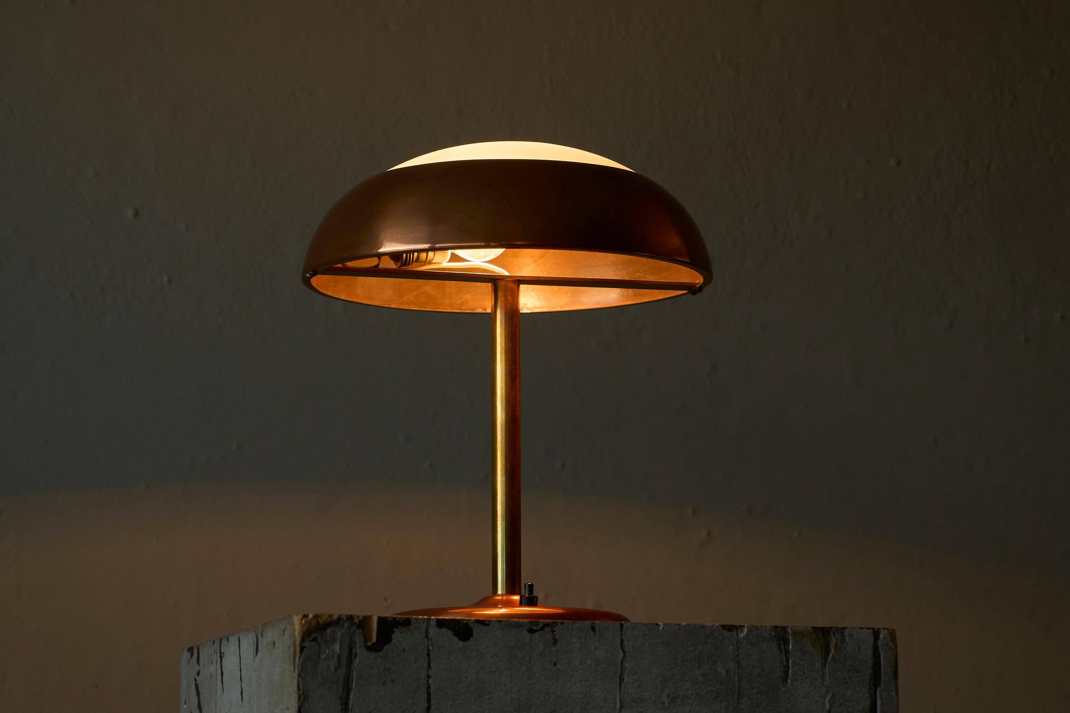 Art Deco table lamp in patinated copper, brass, and satin glass from the 1950s.