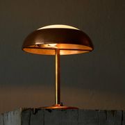 Art Deco table lamp in patinated copper, brass, and satin glass from the 1950s.