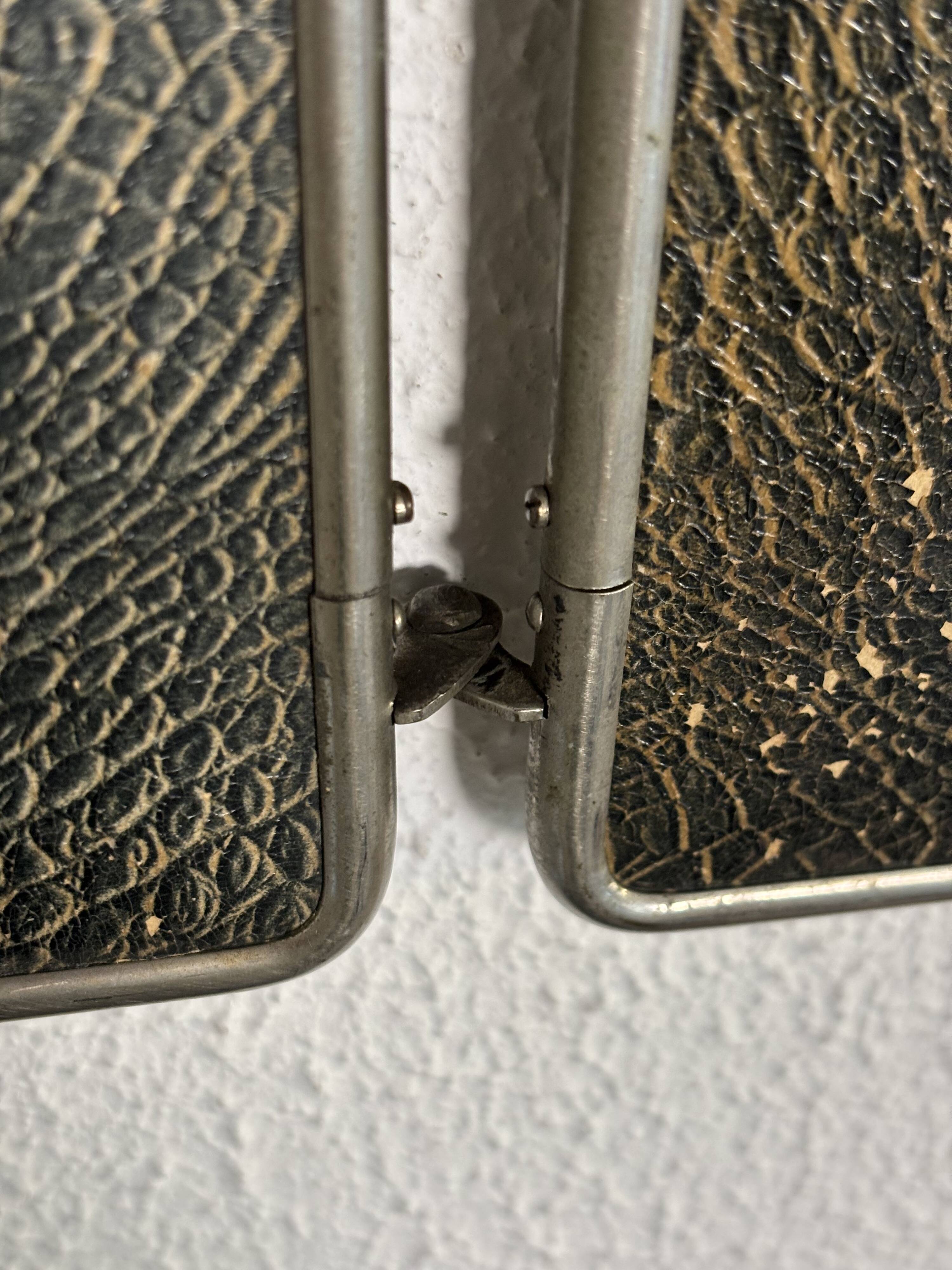 Vintage 1930s triptych barber mirror in black faux crocodile leather - 33 x 84 cm