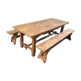 Farm table and two solid oak benches