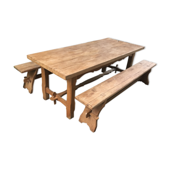 Farm table and two solid oak benches