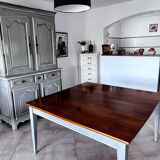 Table 140x140 dessus merisier  et pieds chêne gris