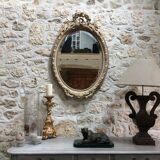 Miroir médaillon fronton noeud et roses gris et argile 98x68cm