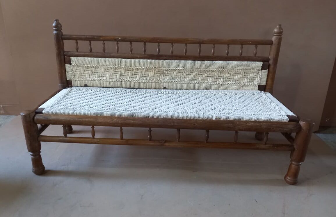 Natural burmese teak sofa and braided cotton seat & backsplash