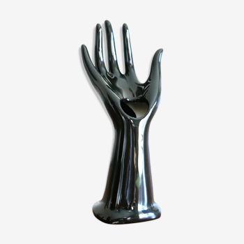 Vase baguier en forme de main en porcelaine noire années 70