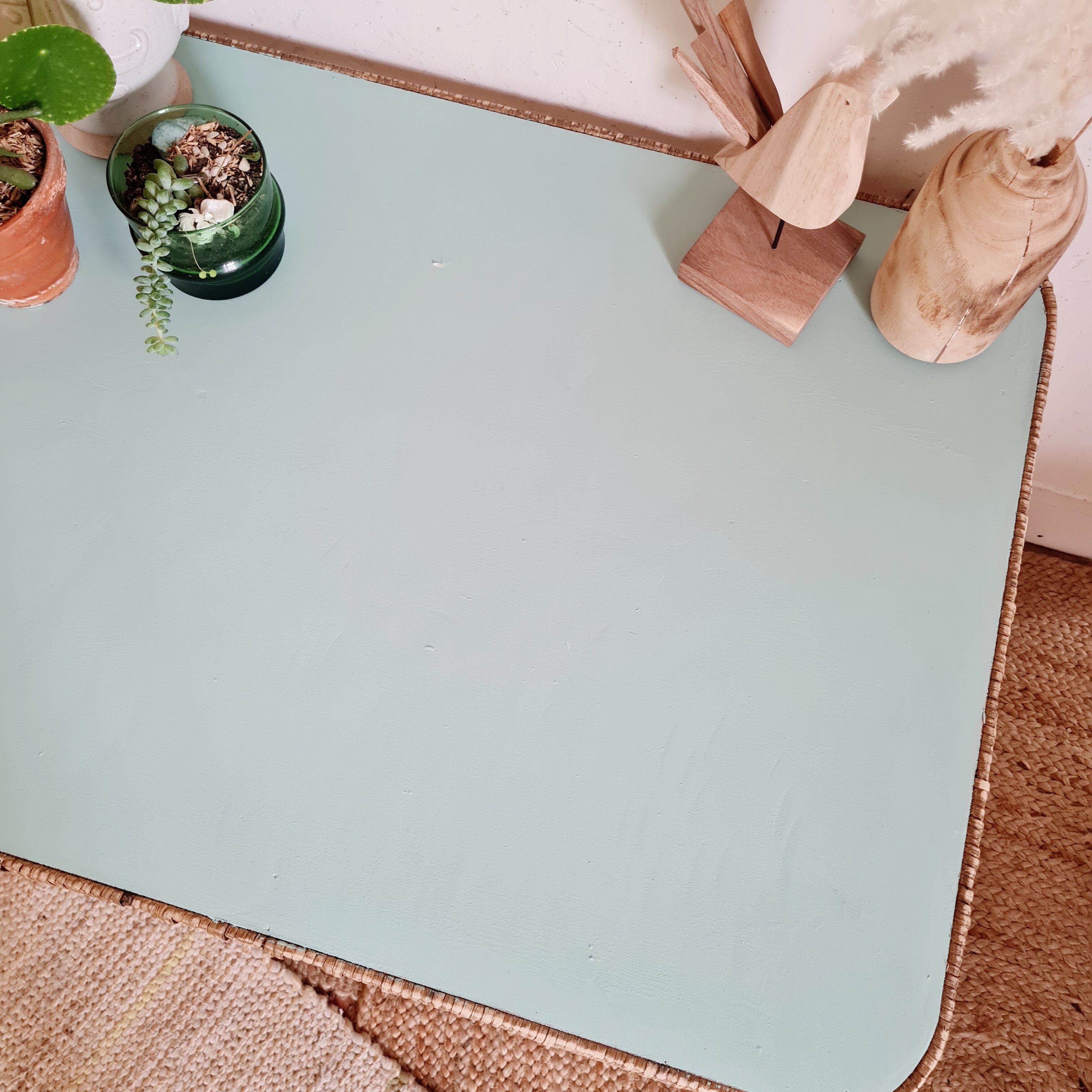 Rattan coffee table blue top