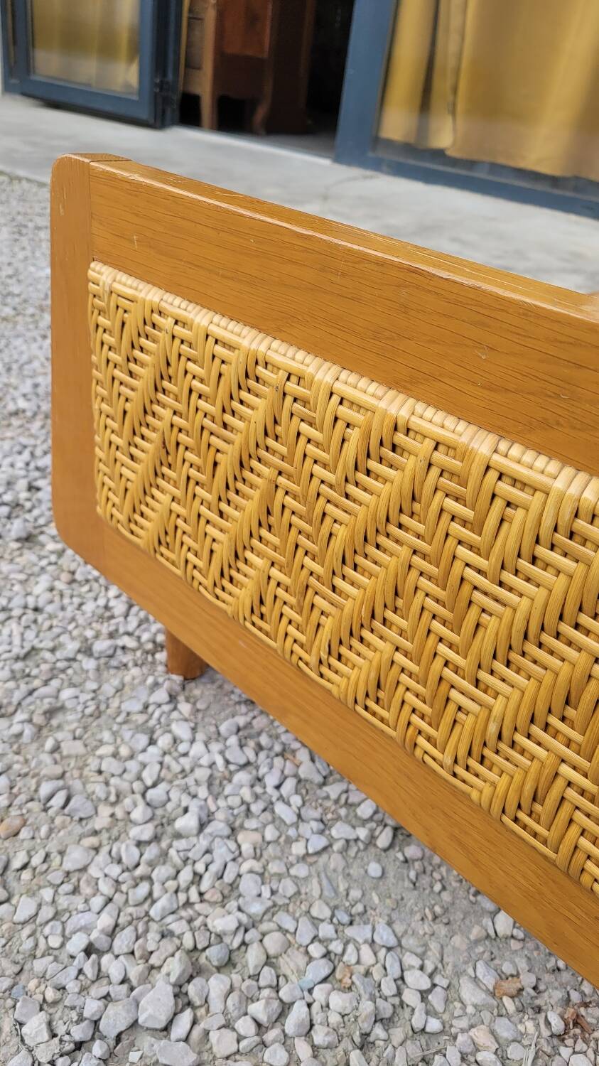 Vintage rattan and solid oak bed 1950s design