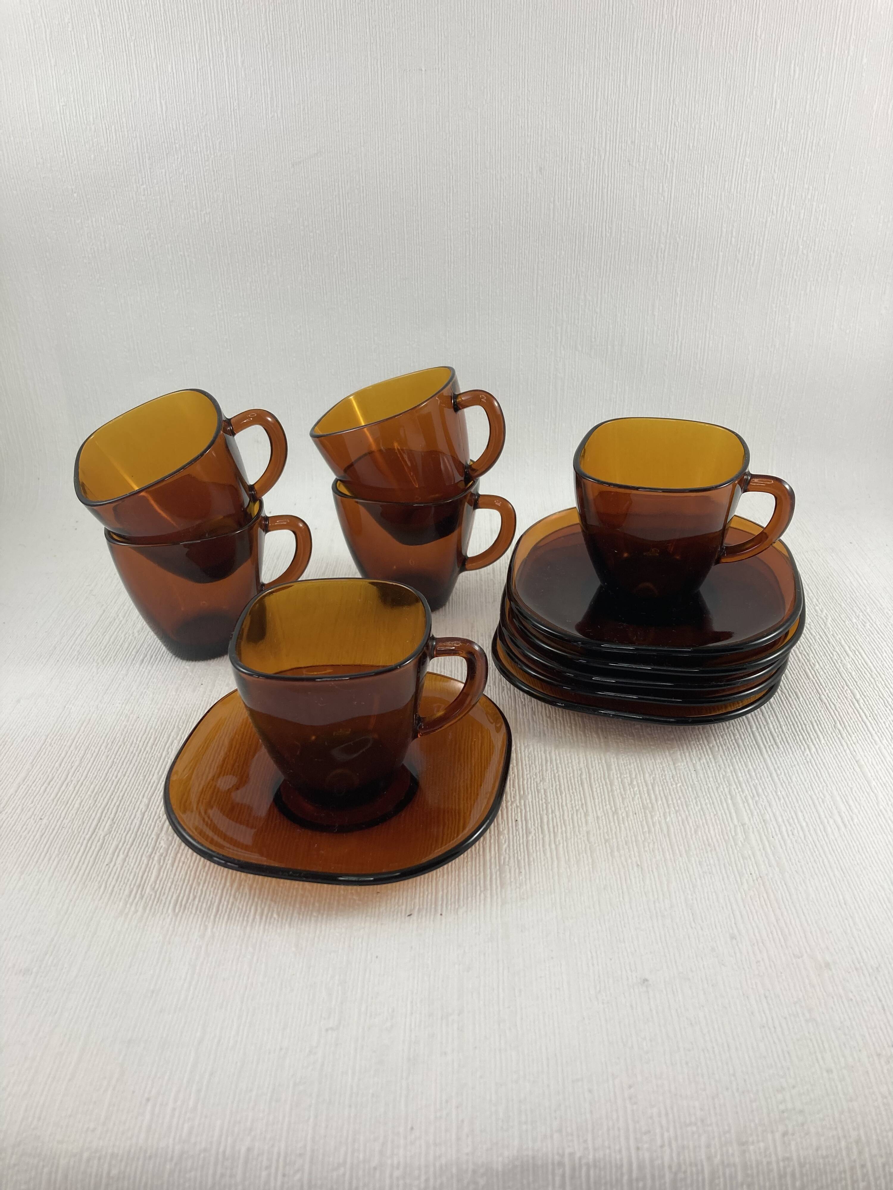Service of 6 coffee cups and saucers Vereco amber glass design 1970