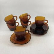 Service of 6 coffee cups and saucers Vereco amber glass design 1970