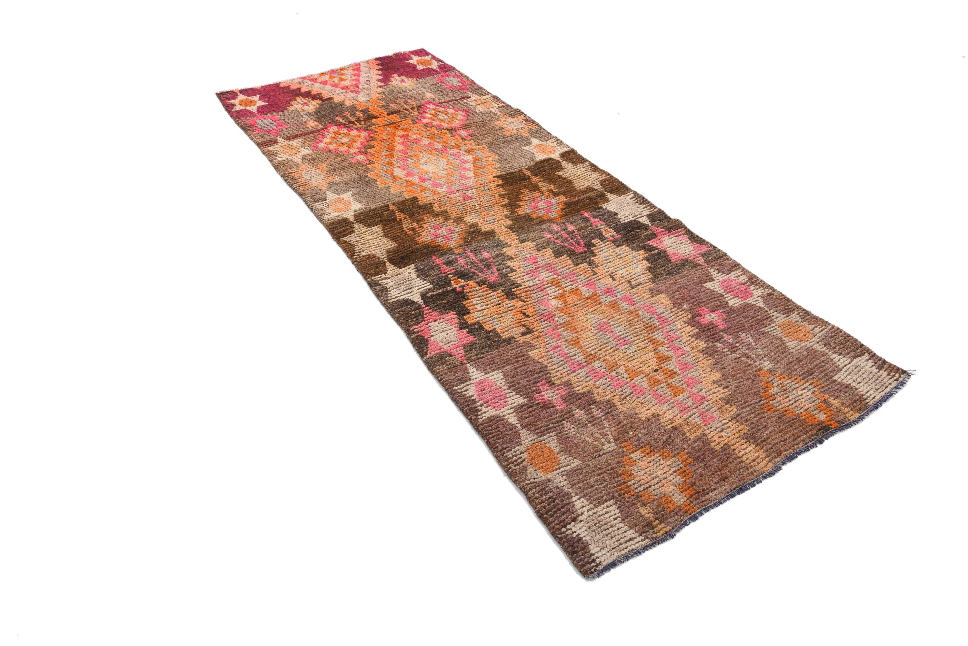 3x7 Brown Hot Pink Turkish Vintage Runner Rug, 92x227Cm