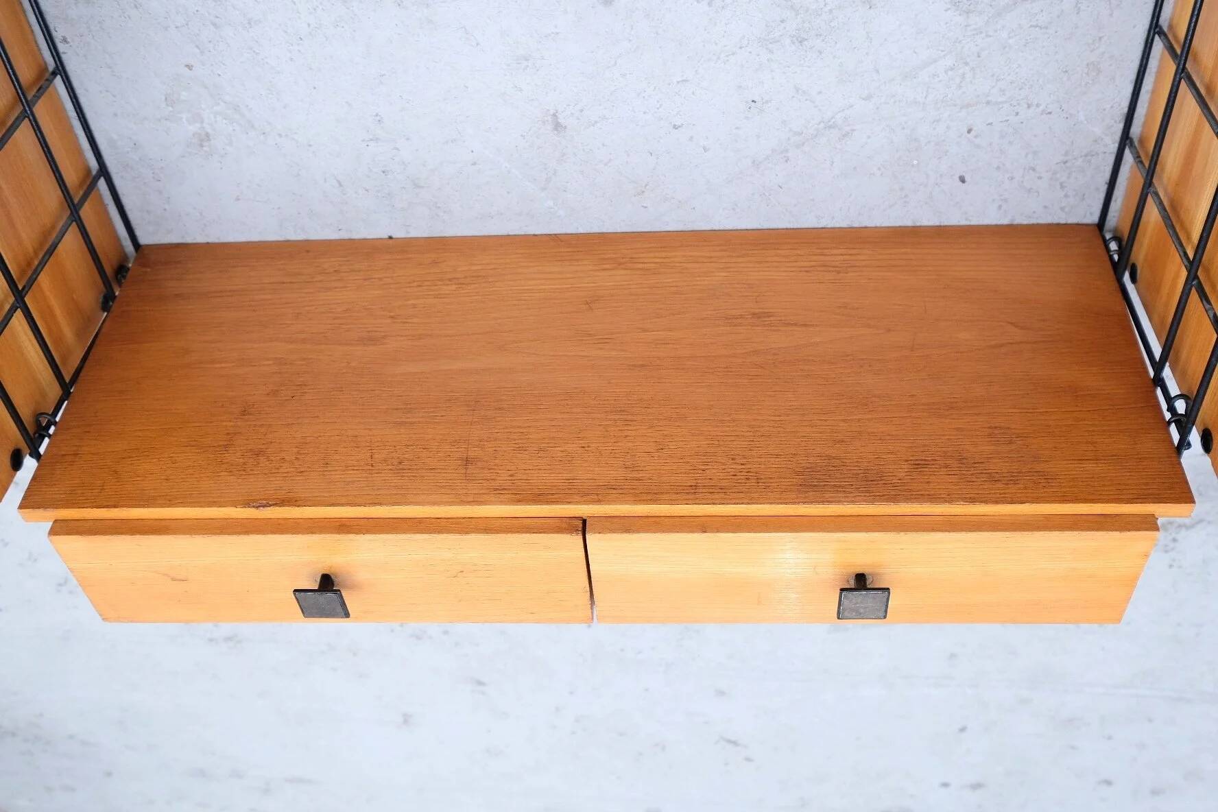 Wall-mounted bookcase in wood and metal, Germany 1960