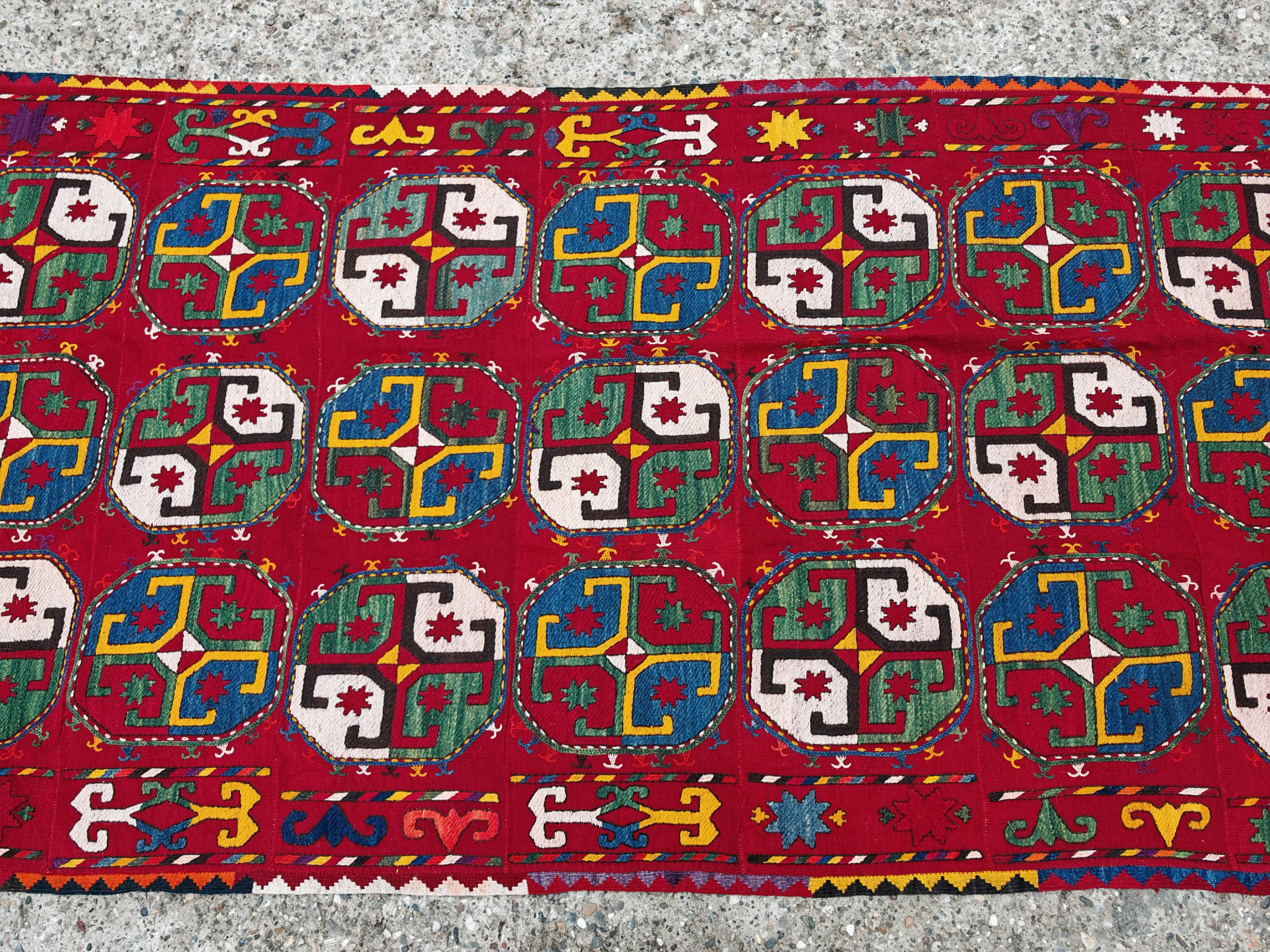 Ancient Uzbek Carpet Mixed Technique Flat Woven, Early 20th Century
