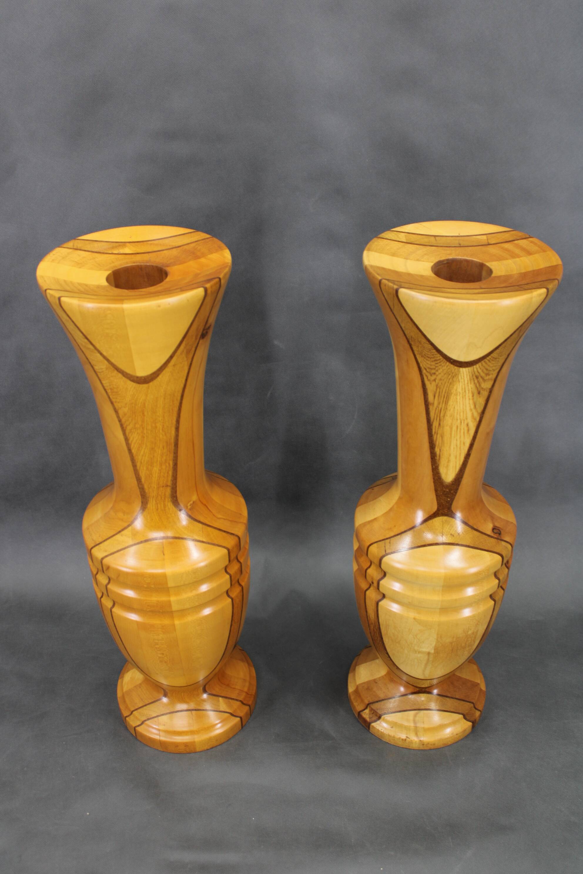 Pair of large Czechoslovakian wooden vases, mixed woods, 1960s