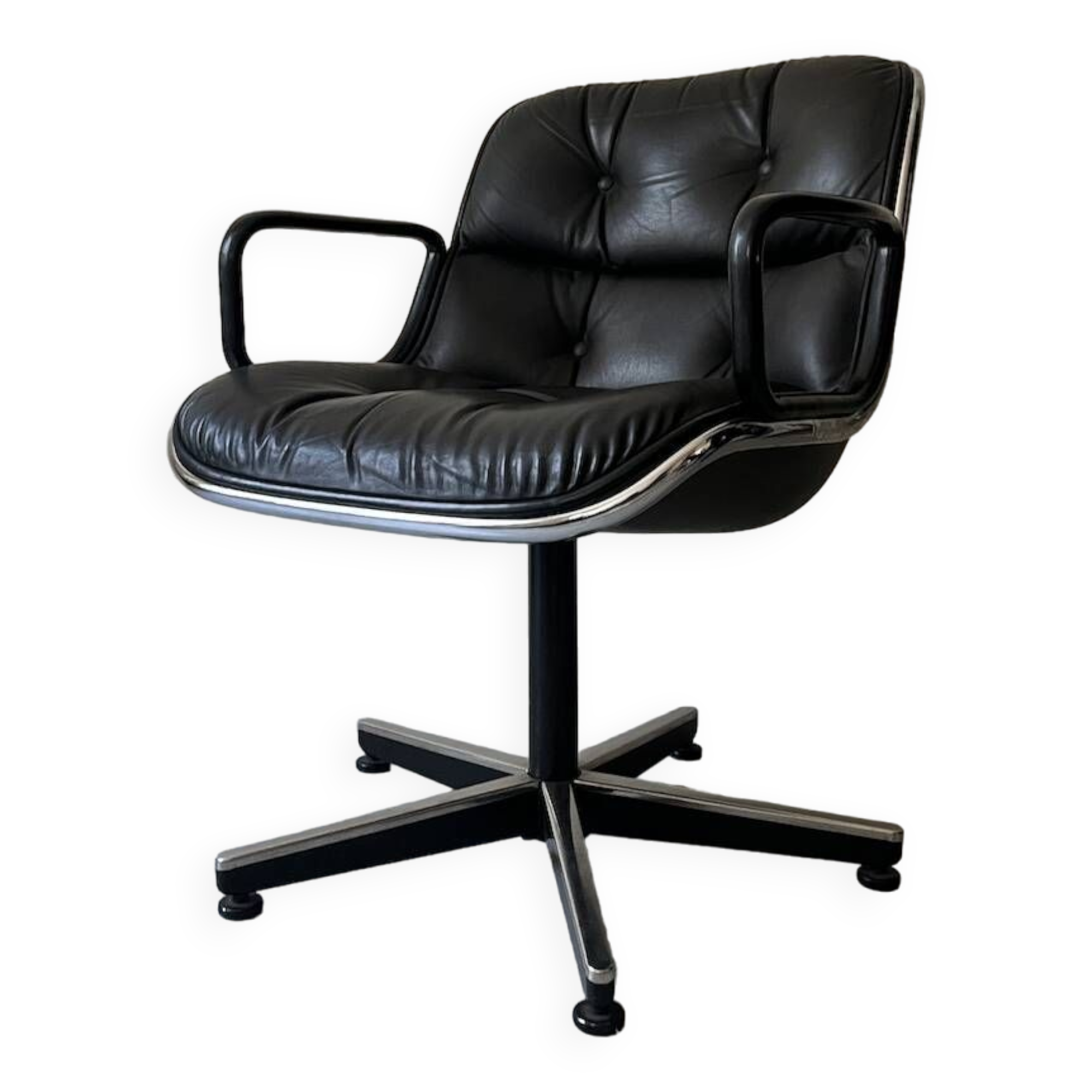 Black leather office chair and armrest by Charles Pollock for Knoll International