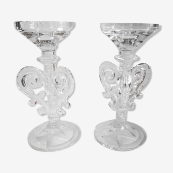 Pair of glass volute candlesticks