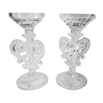 Pair of glass volute candlesticks