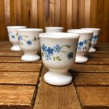 Set of 4 white opaline glass egg cups blue flower decor france vintage #a519