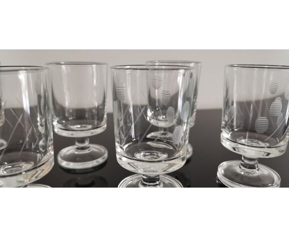 Set of 8 transparent Cavalier Luminarc liqueur glasses with vintage 70'S patterns