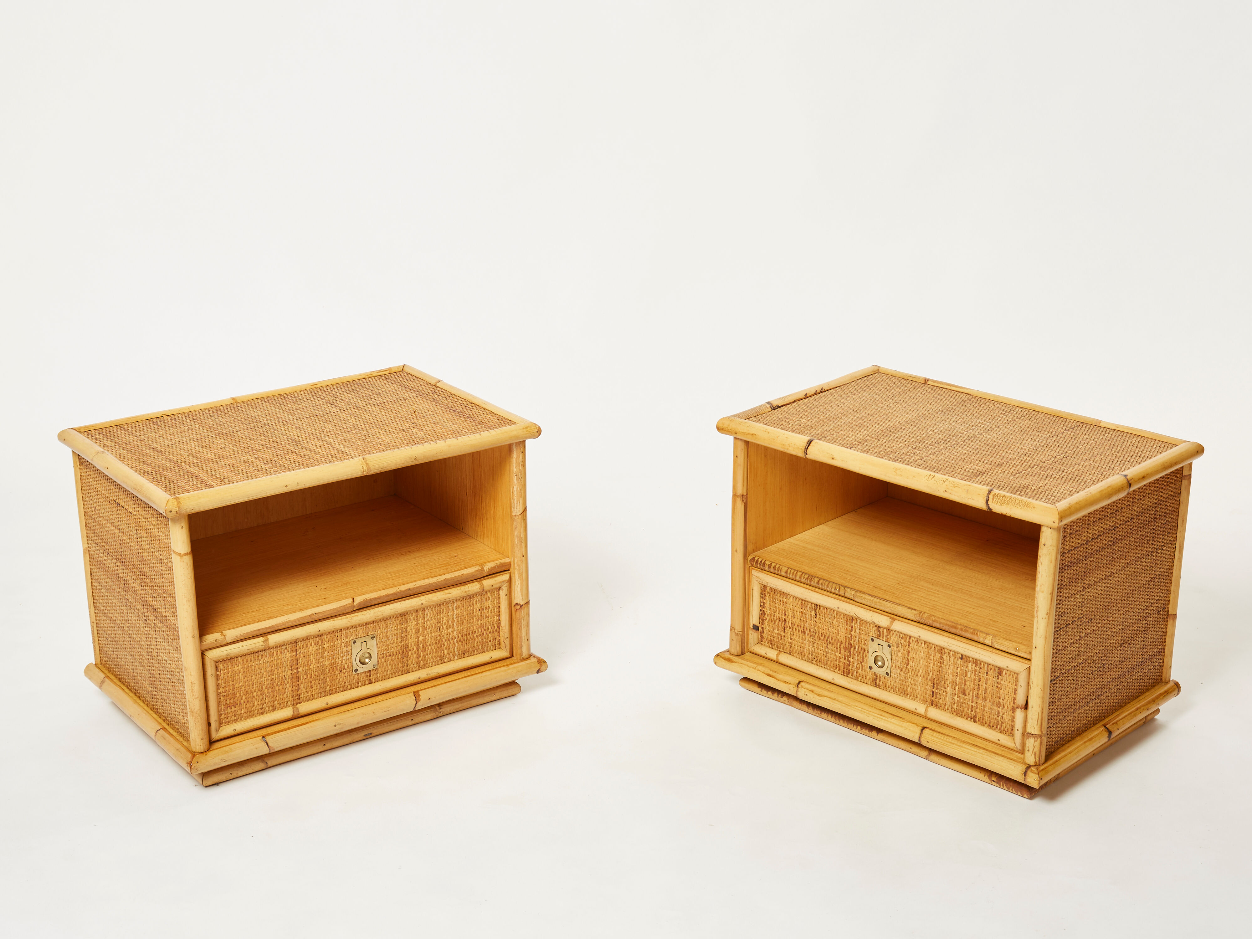 Pair of Italian bedside tables Dal Vera bamboo rattan brass 1970