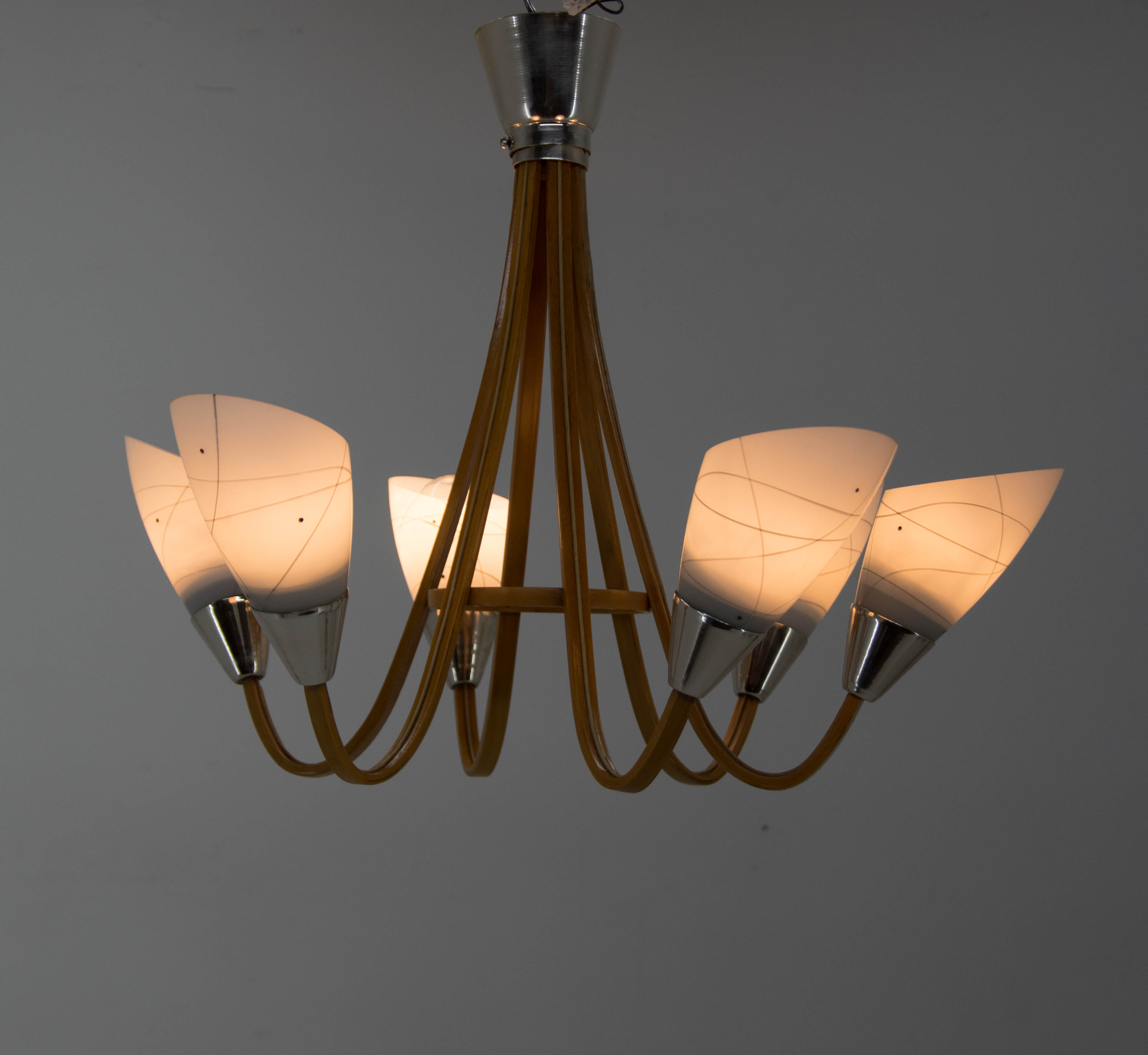 Mid-Century Wood & Glass Chandelier by Dřevo Humpolec, 1960s