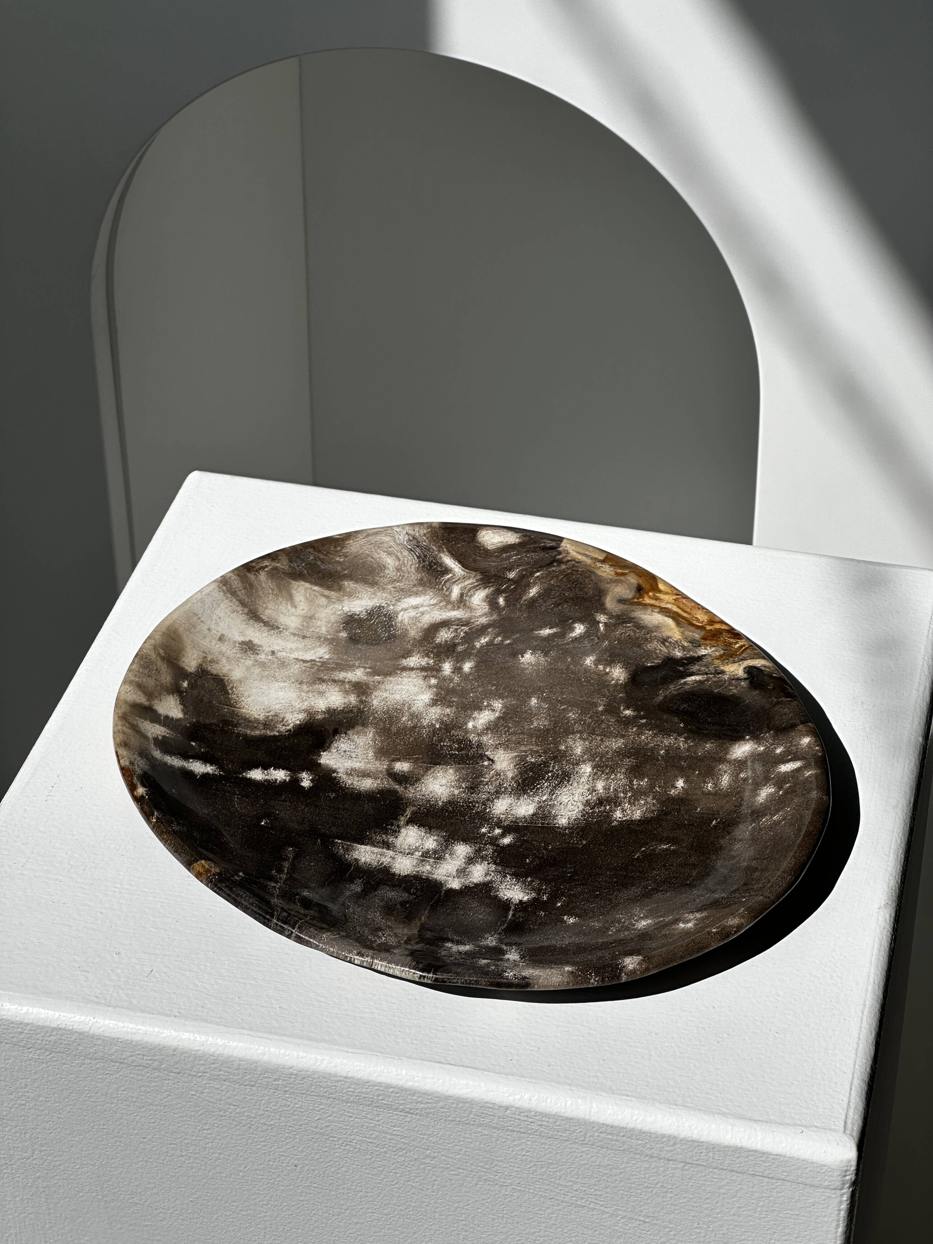 Medium petrified wood dish or pocket emptier, predominantly gray 1137