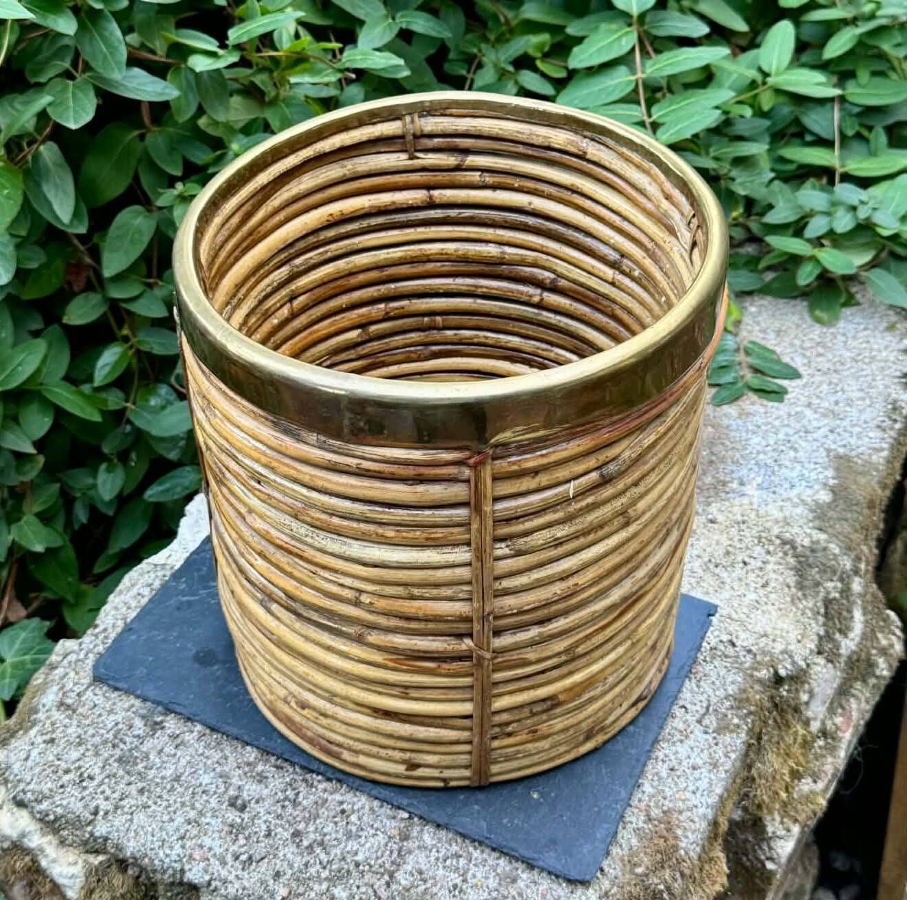 Large rattan basket brass Gabriella Crespi 1960s