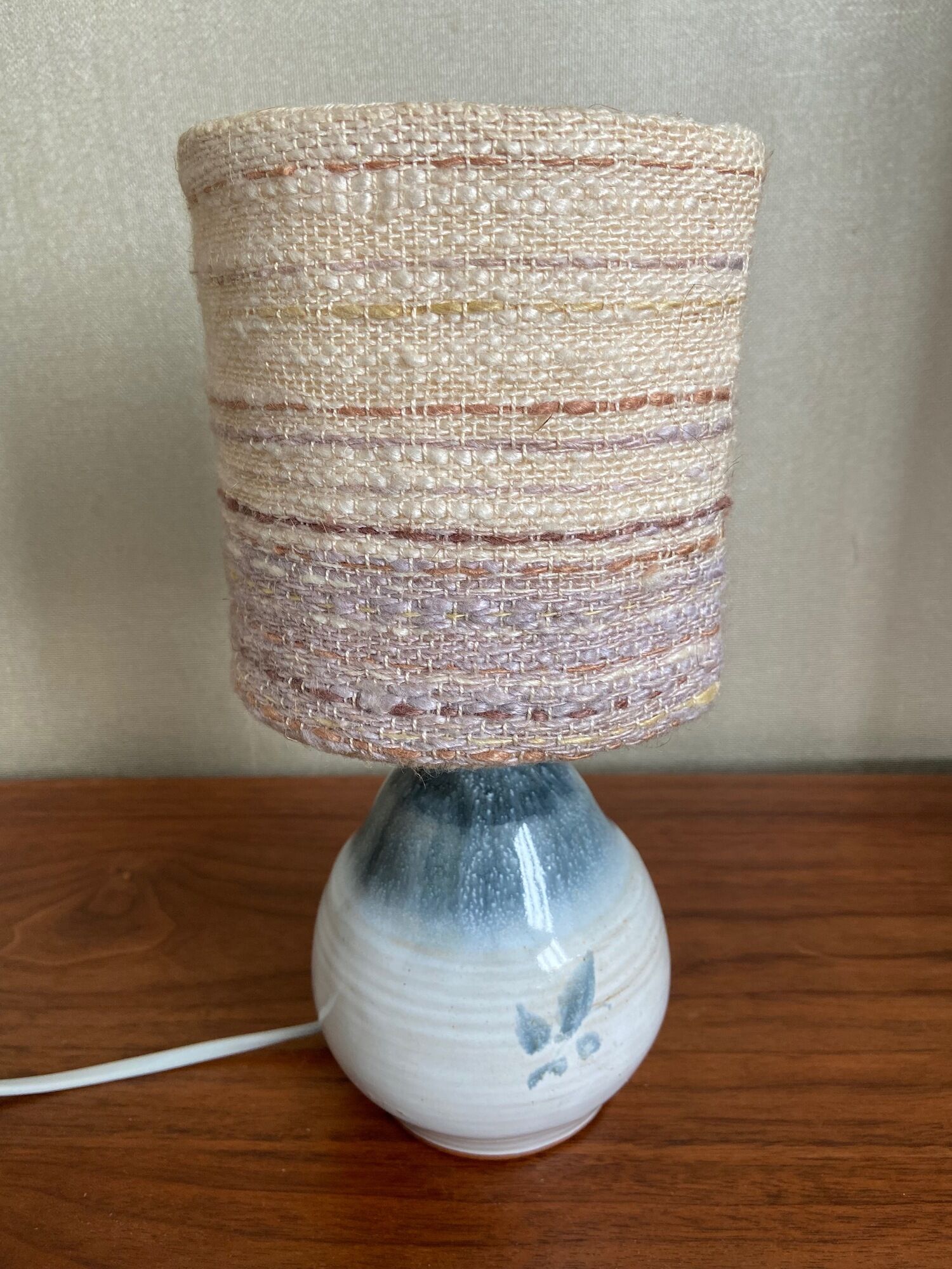 Stoneware bedside lamp with woven wool lampshade, 70s
