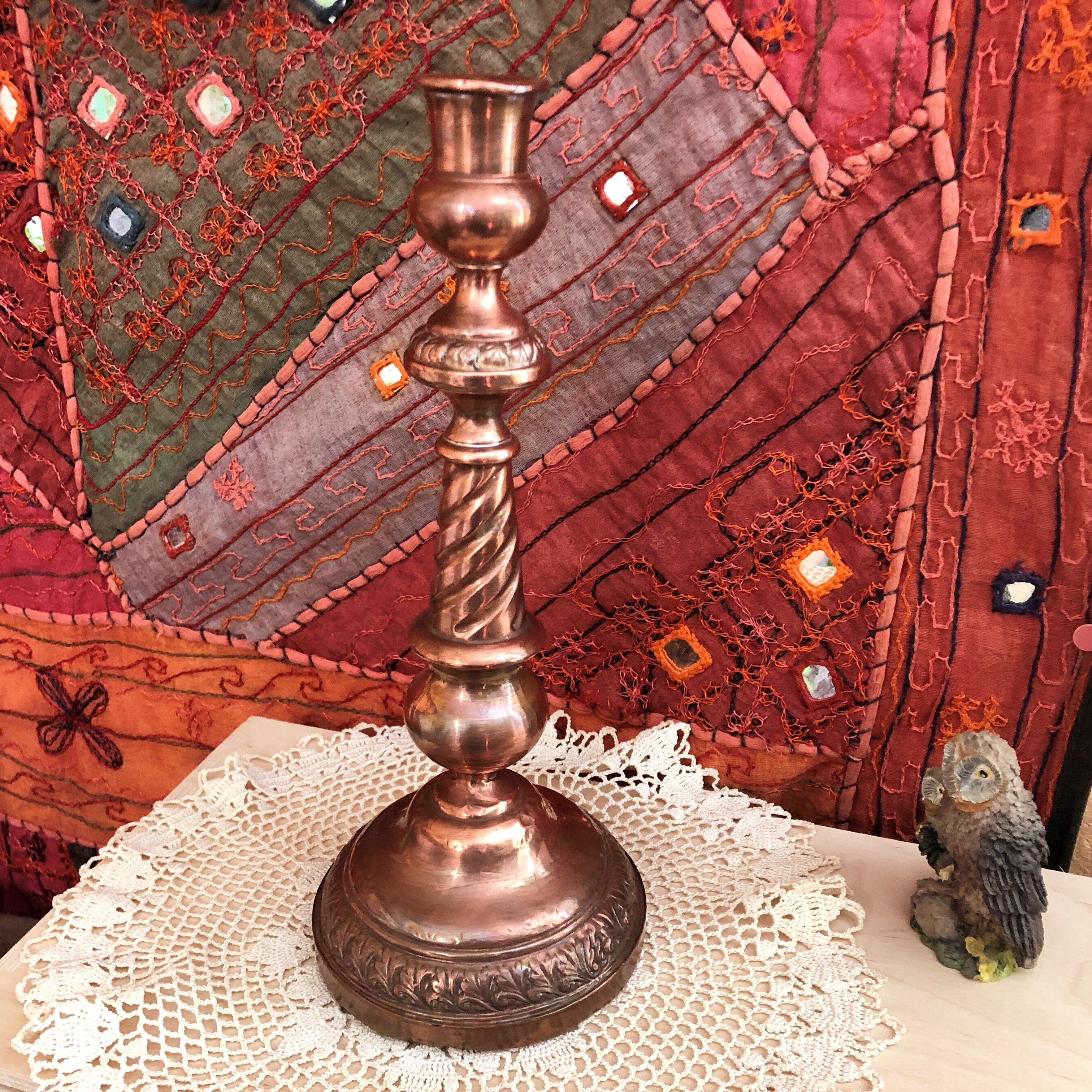 Red copper candle holder with punches