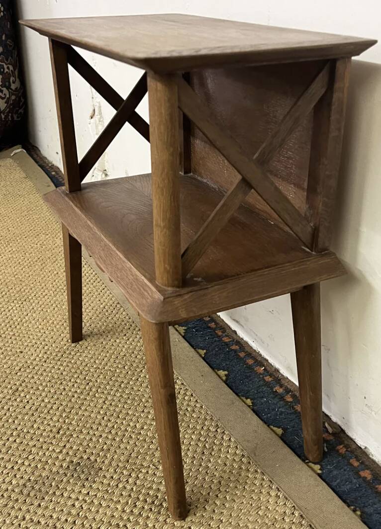 Bedside table with crossbars, vintage compass legs