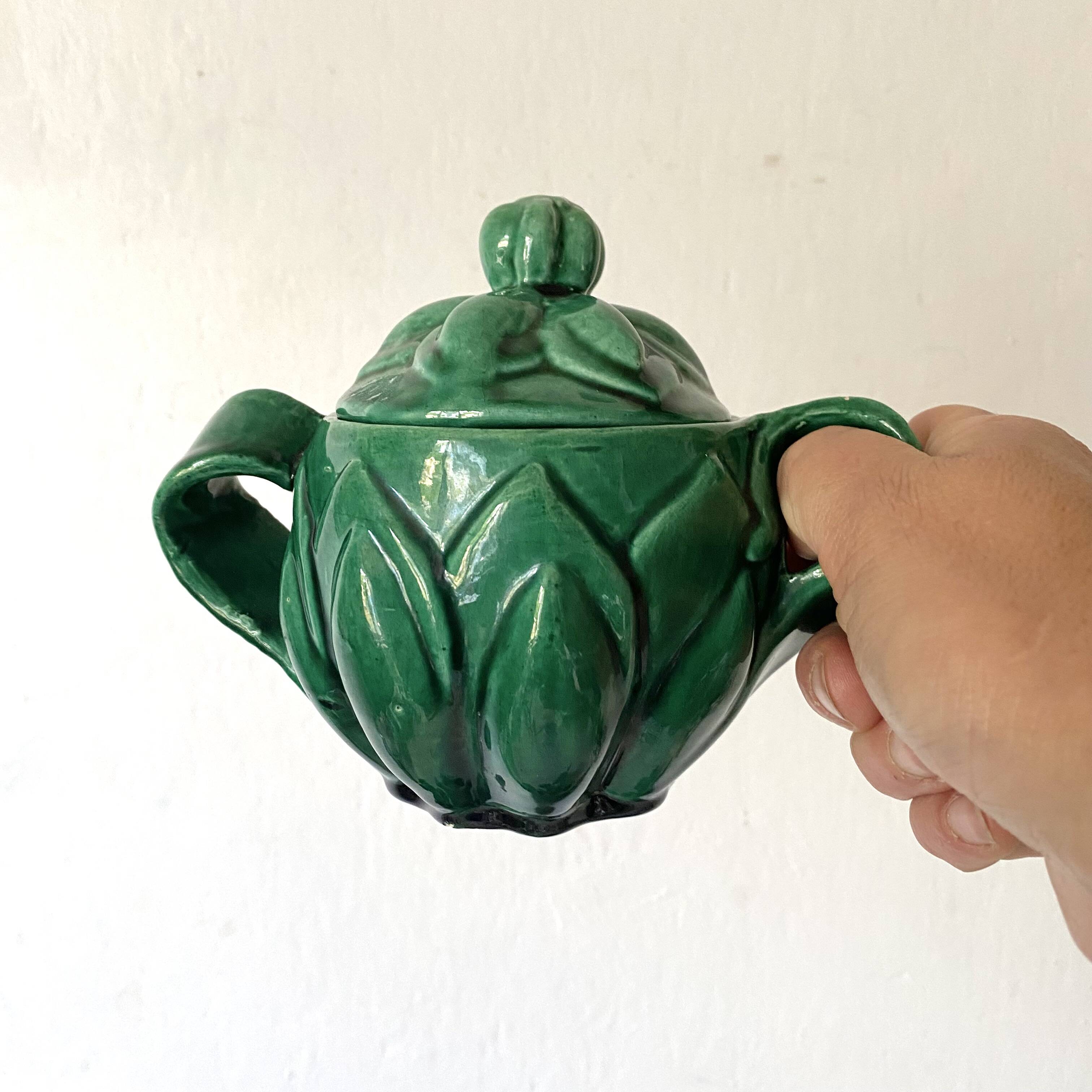 Antique slip cups with saucers, sugar bowl and milk pitcher