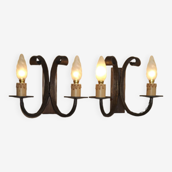 French vintage hand forged wrought iron and hardwood double wall lights 4403
