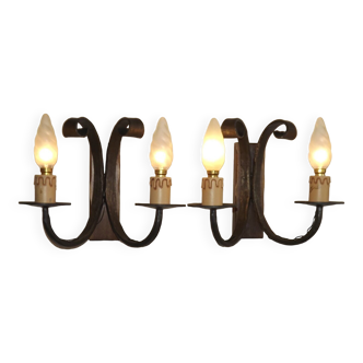 French vintage hand forged wrought iron and hardwood double wall lights 4403