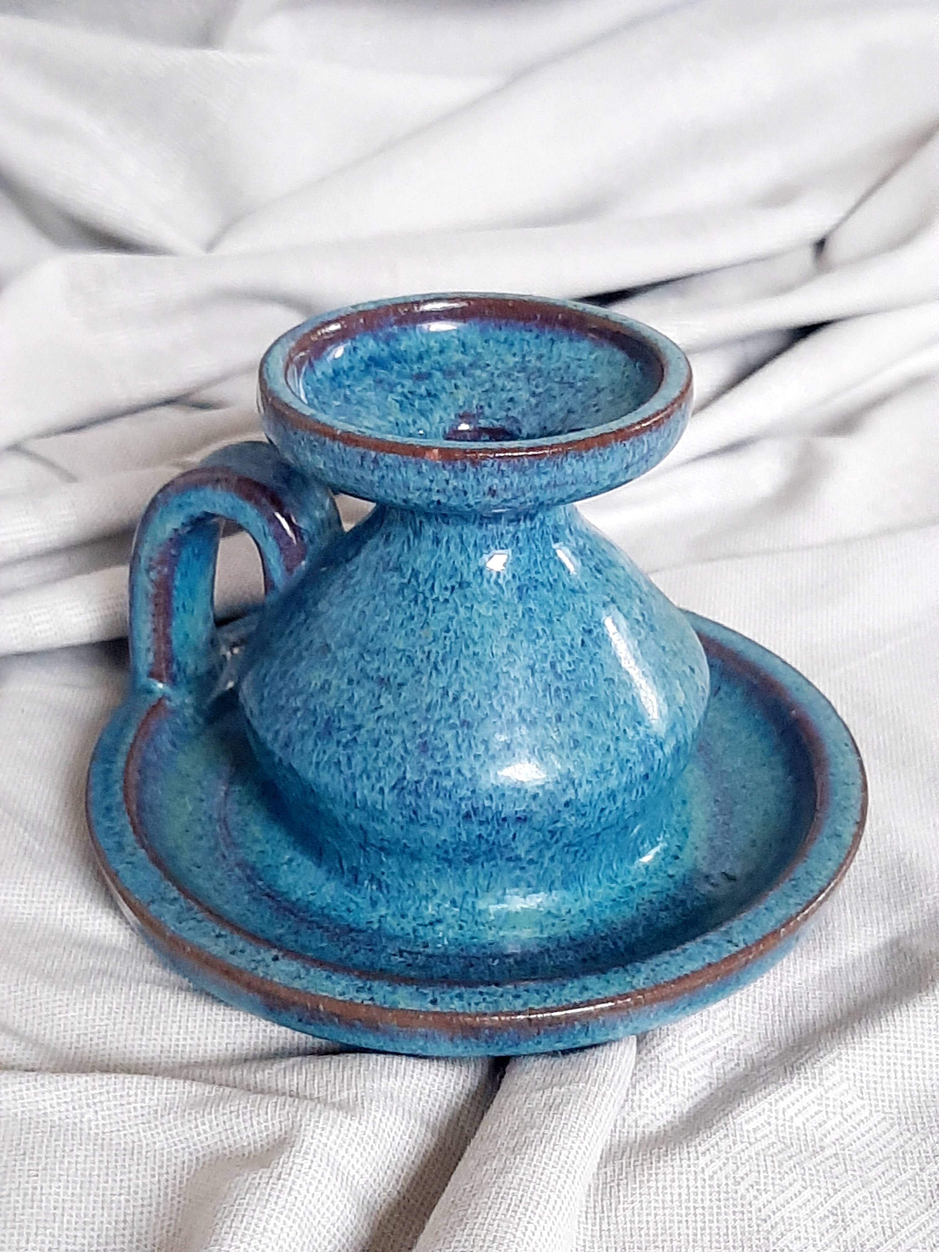Blue stoneware candlestick signed Emile Masson