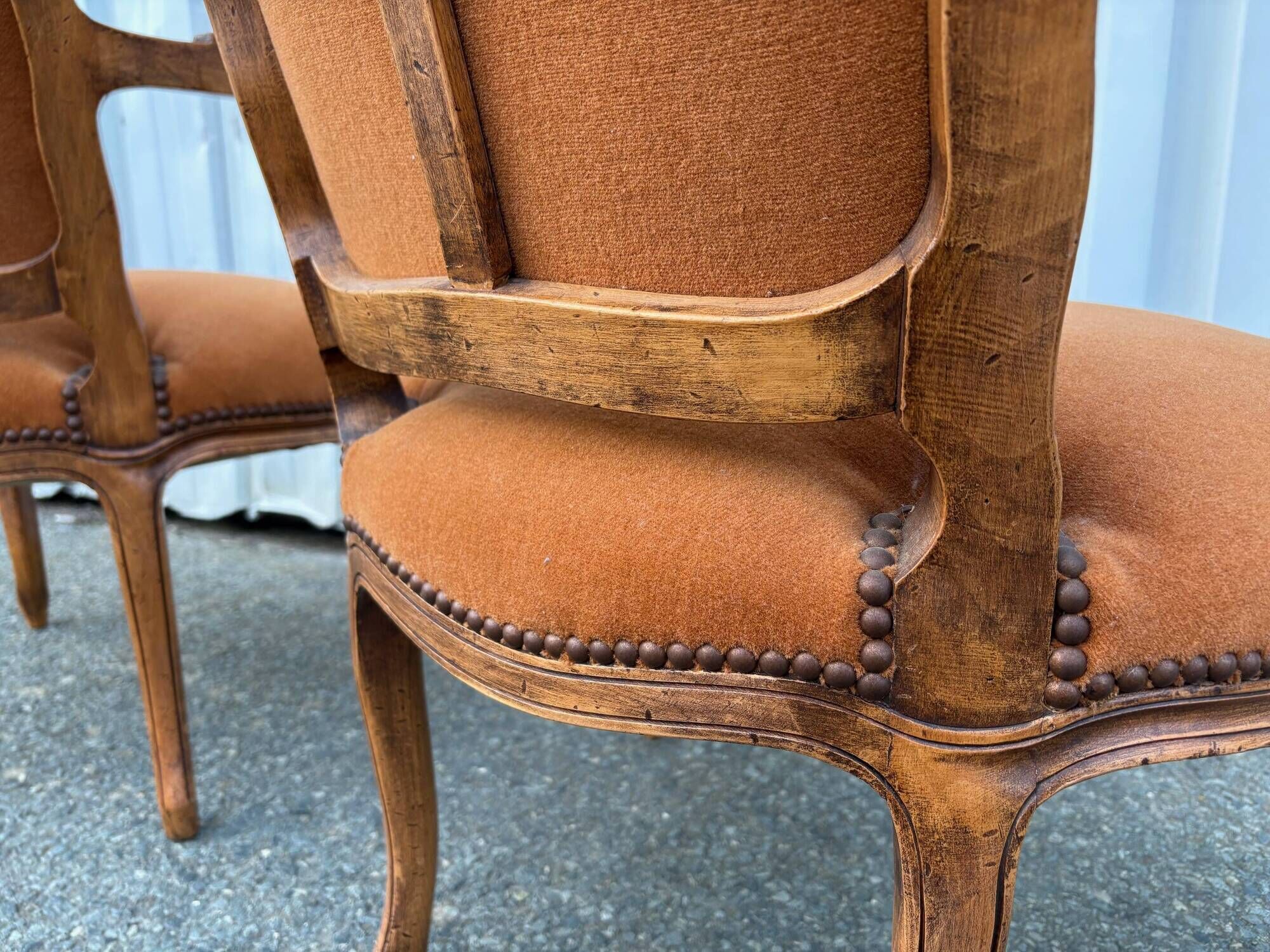 Pair of Louis XV style armchairs in ochre velvet