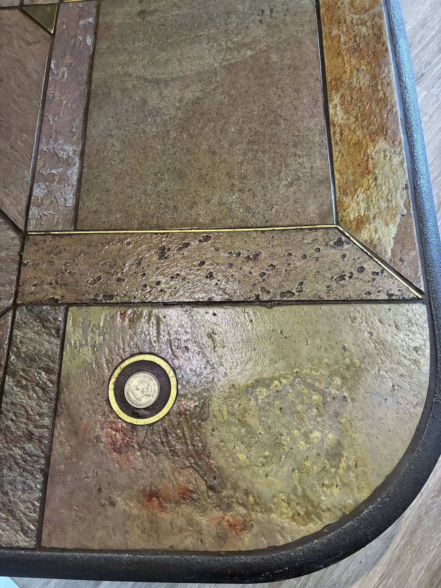 Paul Kingma brutalist coffee table, stone and brass, 1980s