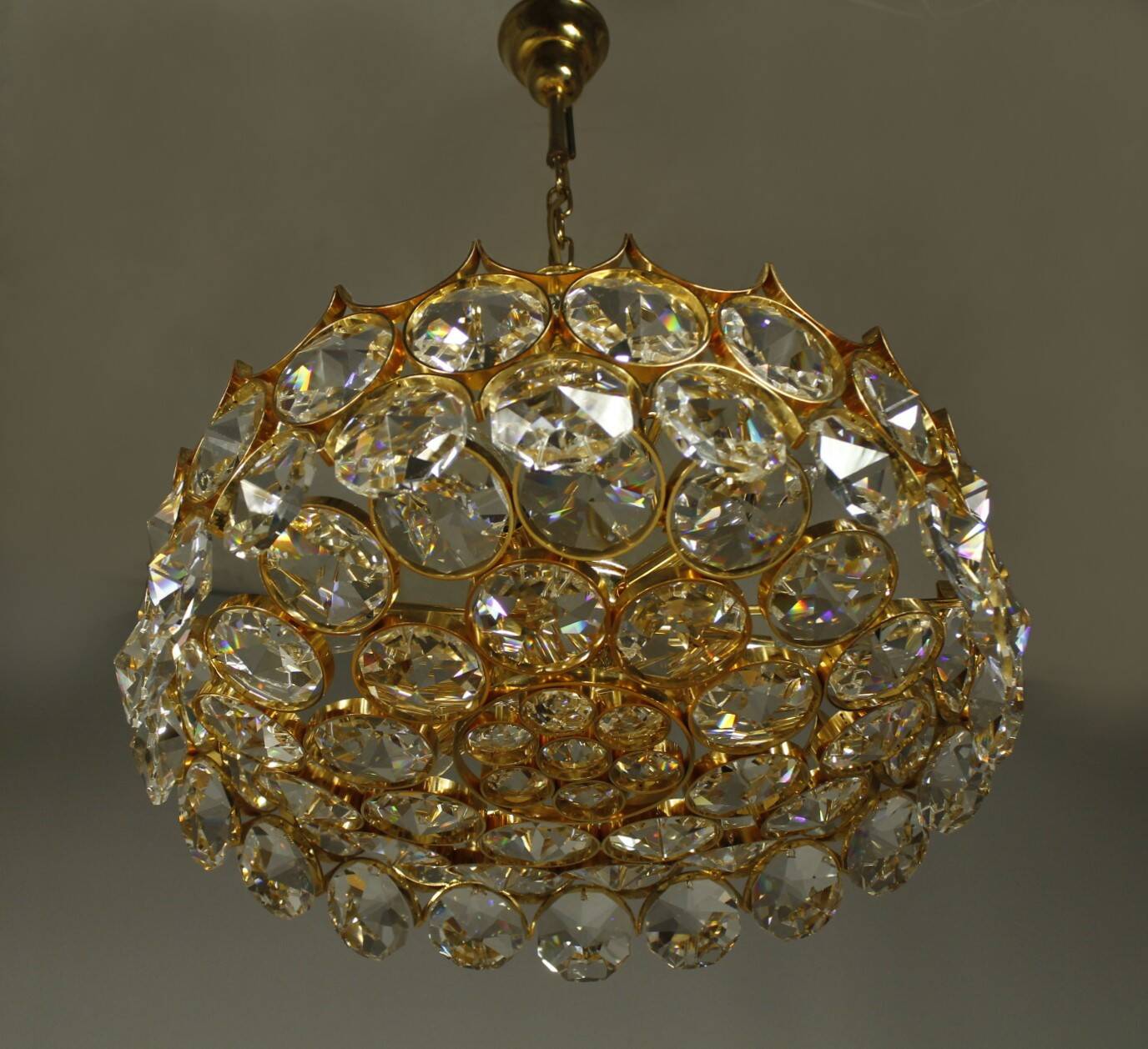 1970s Palwa Chandelier, gold plate and faceted crystals