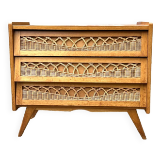 Wood and rattan chest of drawers