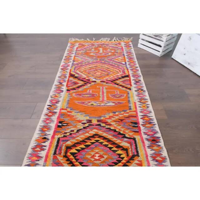 1970s Vintage Turkish Hand-Knotted Wool Cotton Orange Runner Rug 102x330