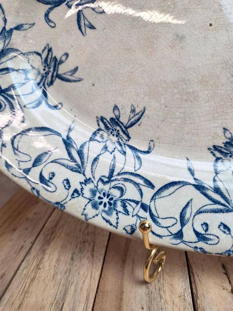 Antique oval plate, blue ironstone with floral decoration – 34 cm