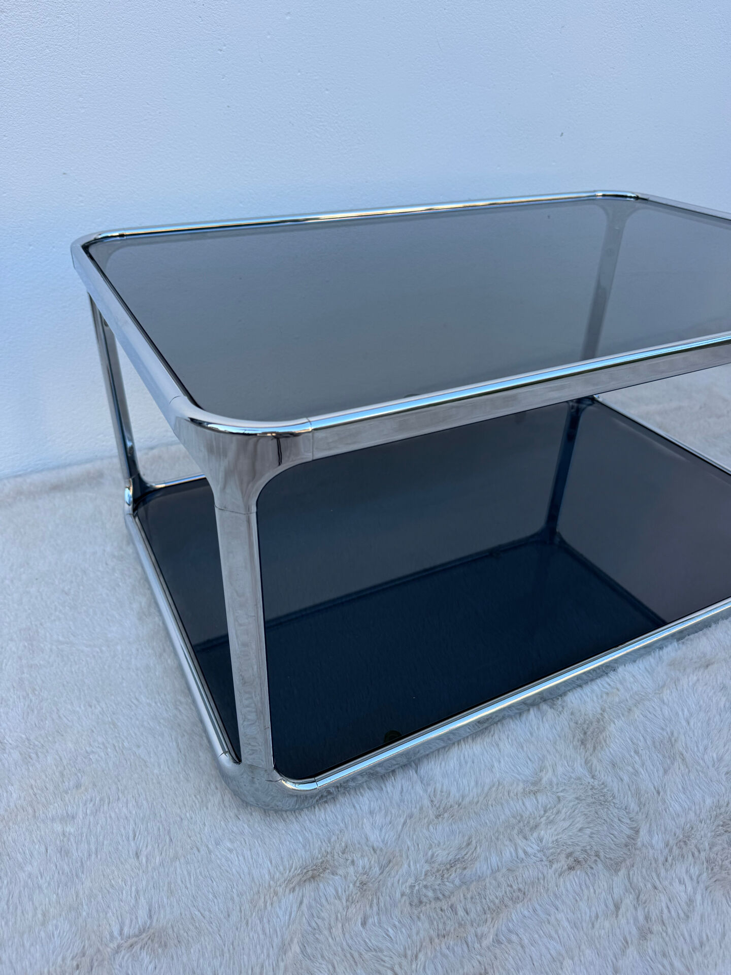 Chrome and smoked glass coffee table from the 1970s.