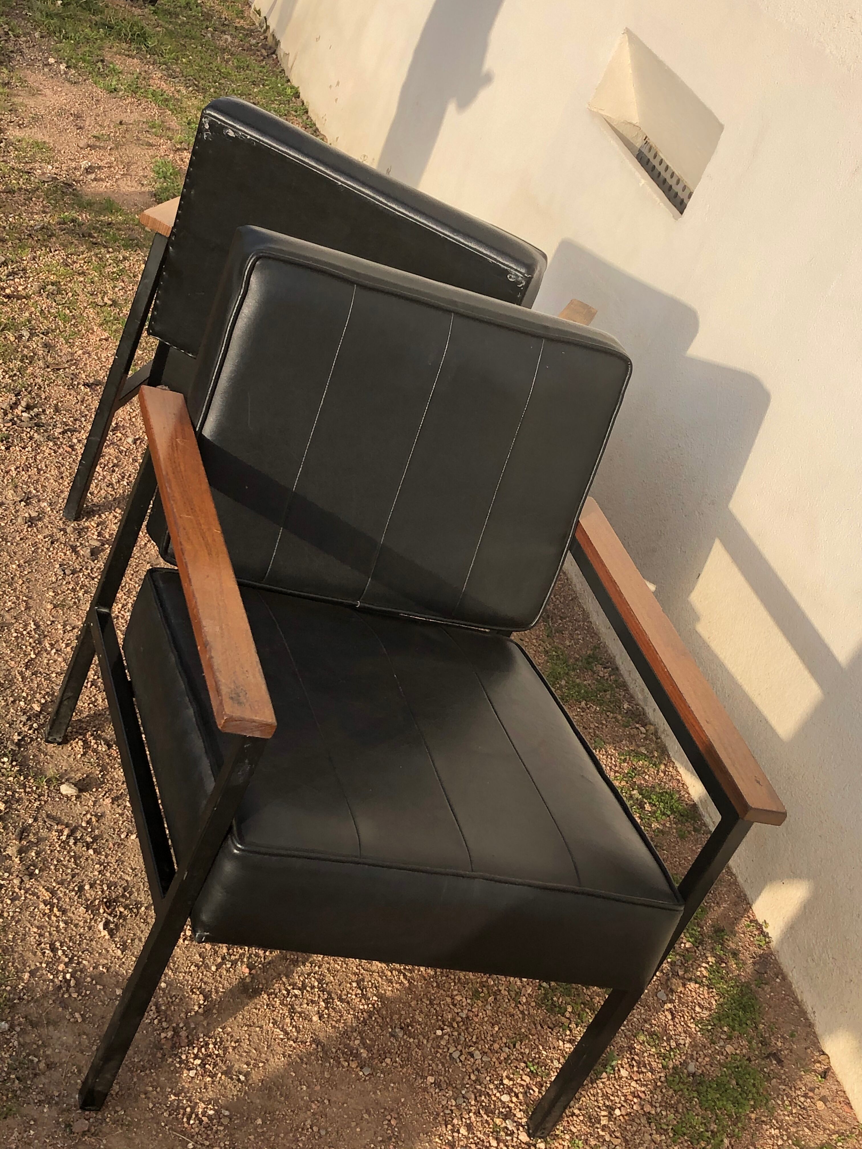 Pair of skaï and wood chairs 60s