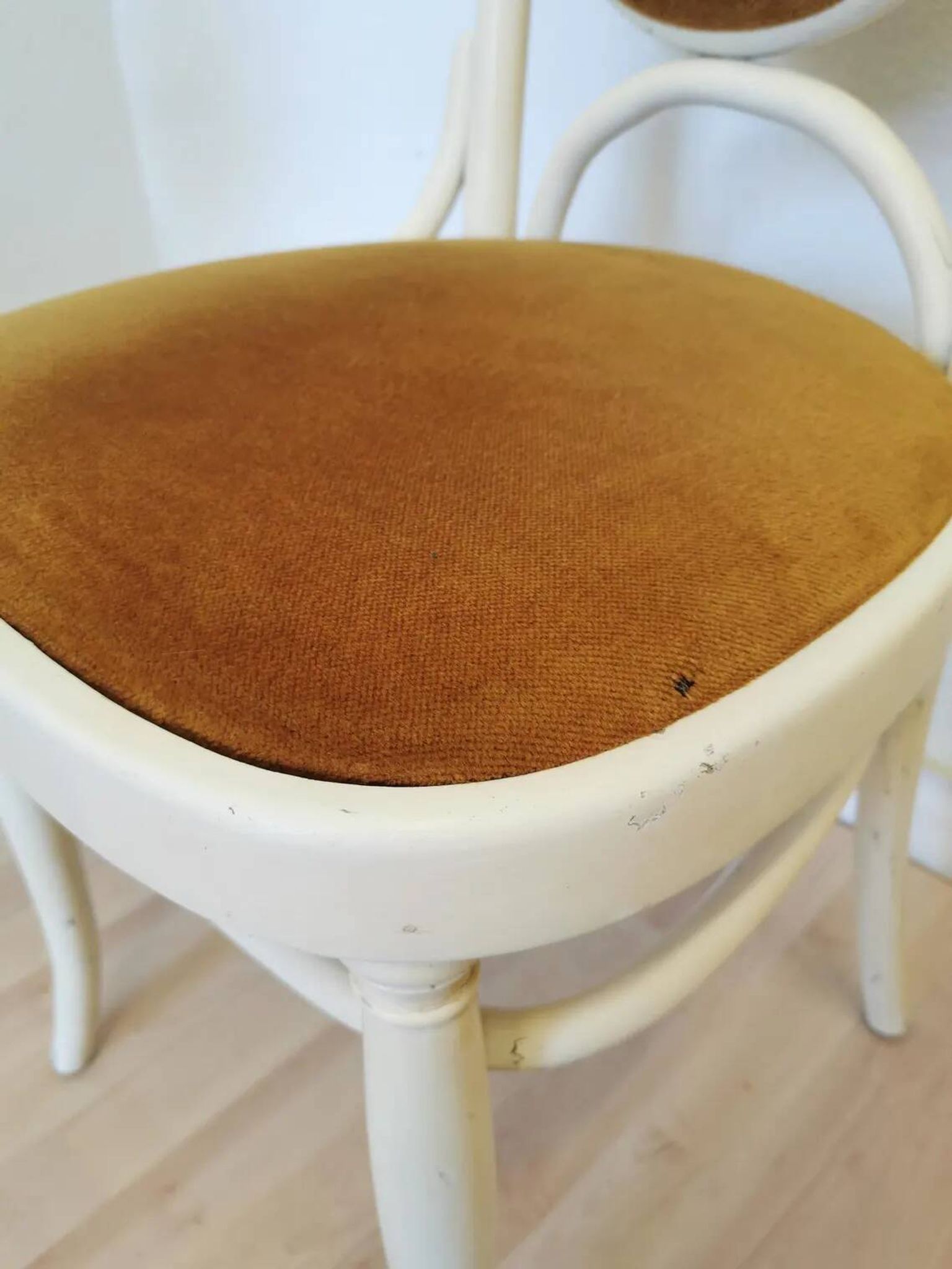 Vintage Thonet Bentwood Dining Chair: White Wood, Yellow Fabric, 1970s Yugo