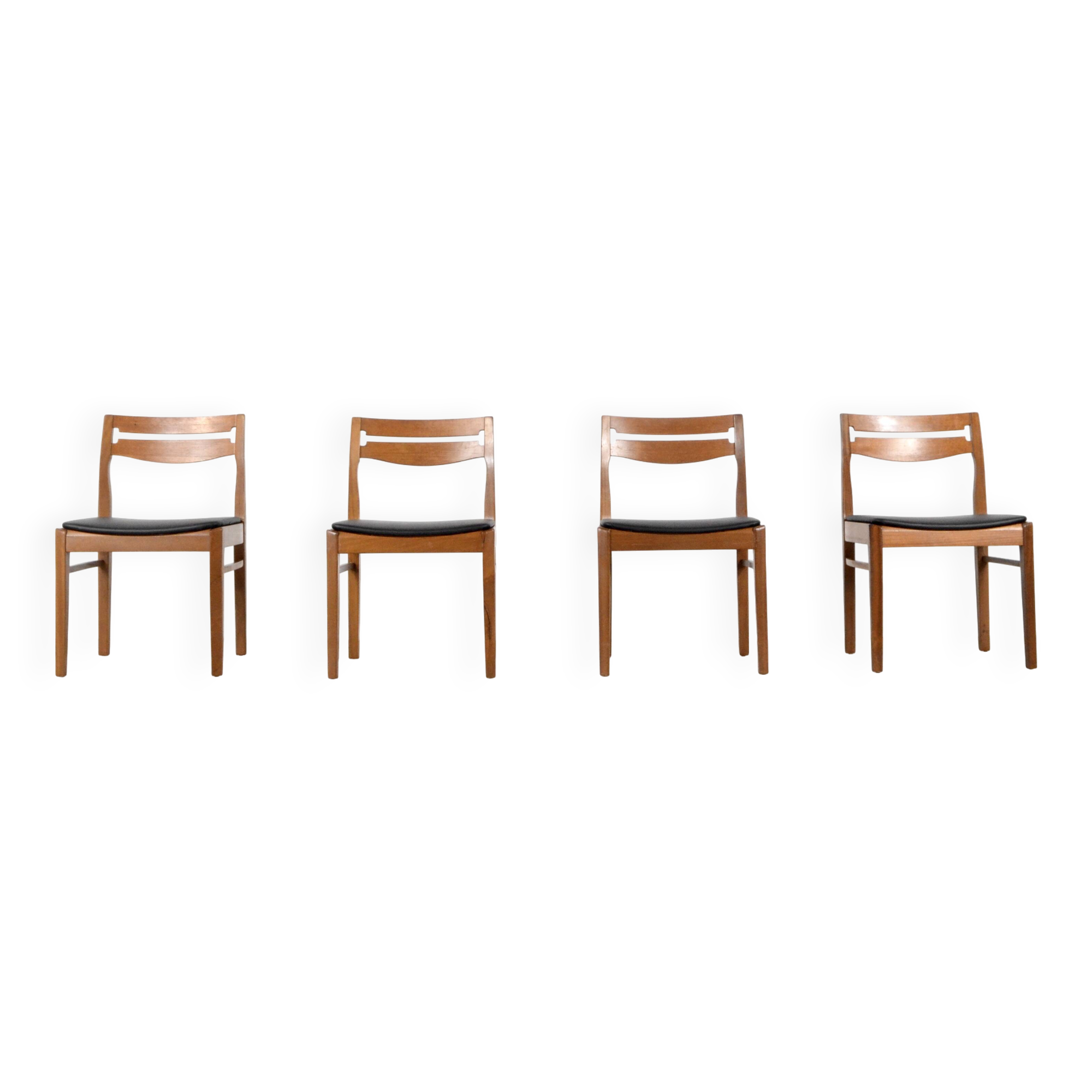 Set Of 4 Midcentury Teak And Leatherette Chairs, Vintage Modern Scandinavia