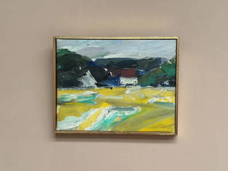 Original Swedish Oil on Canvas – “Houses” by T. Örn 1970 – Vintage & Framed