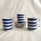 Series of 6 coffee cups in faience with blue stripes with saucers