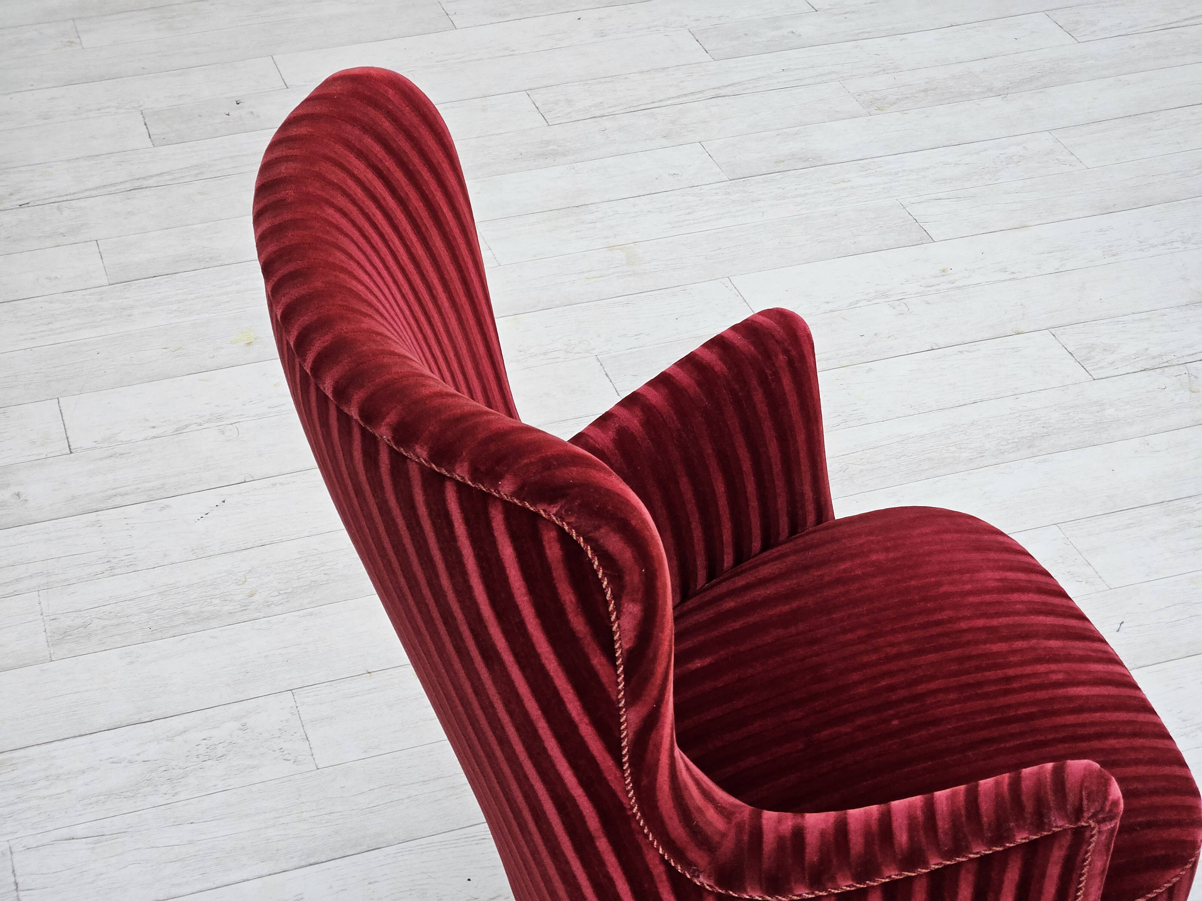 1960s, Danish armchair in cherry-red furniture velour, original condition.