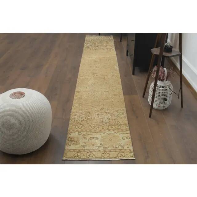 1970s Vintage Turkish Hand-Knotted Wool Cotton Orange Runner Rug 60x388