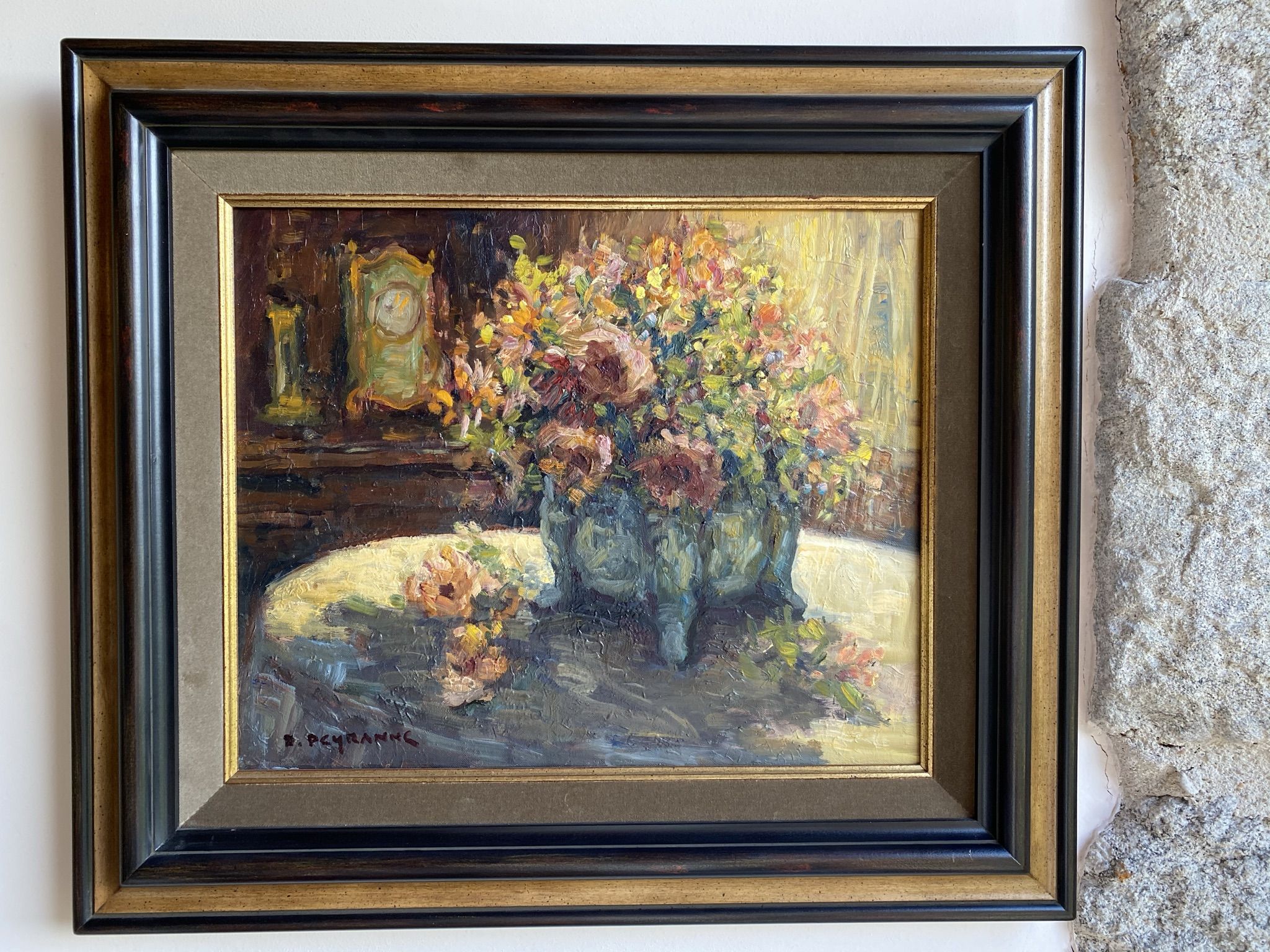 Ancient painting, Still Life with Flowers and Cartel Pendulum, signed, 20th century