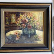 Ancient painting, Still Life with Flowers and Cartel Pendulum, signed, 20th century