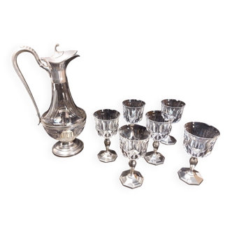 Set of 6 crystal and pewter wine glasses and ewer carafe from France